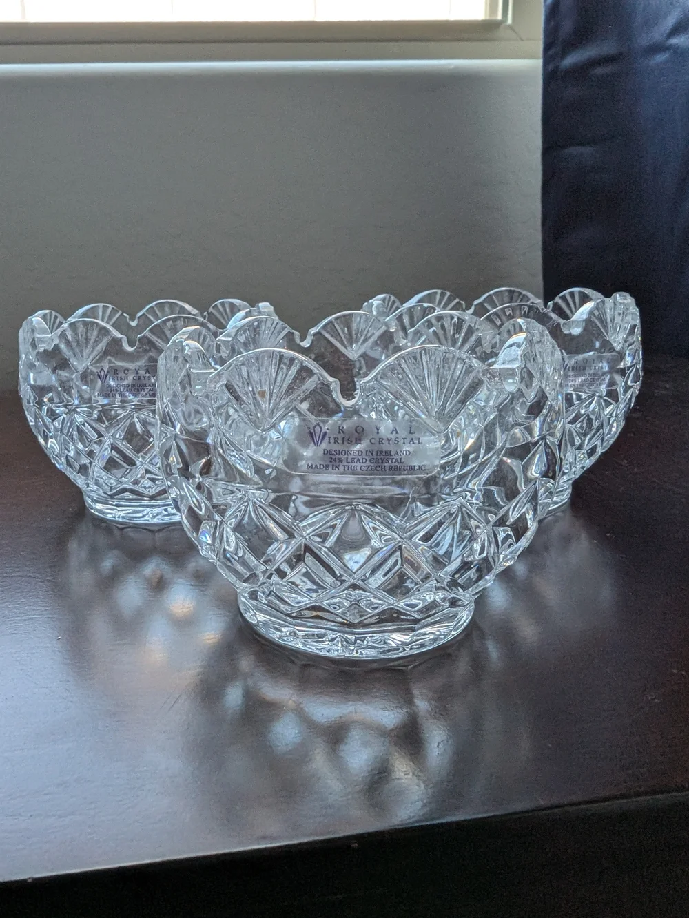 Royal Irish Cut 24%Leaded Crystal Clear Votive Candle Scalloped Edge Set Of 3